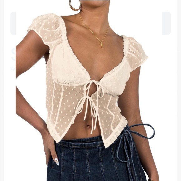 Tops - Y2K Front Tie Sheer Ruffle Trim Blouse